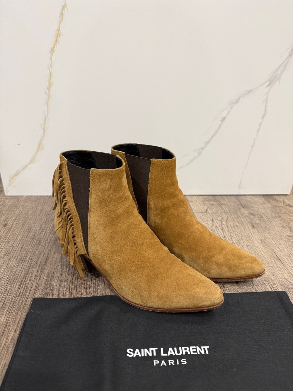 Saint Laurent Suede Pointed Ankle Booties in Camel with Tassels on the Side